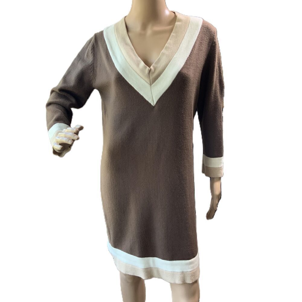 K. Jordan Brown Cream‎ V Neck Long Sleeve Sweater Dress Size Medium